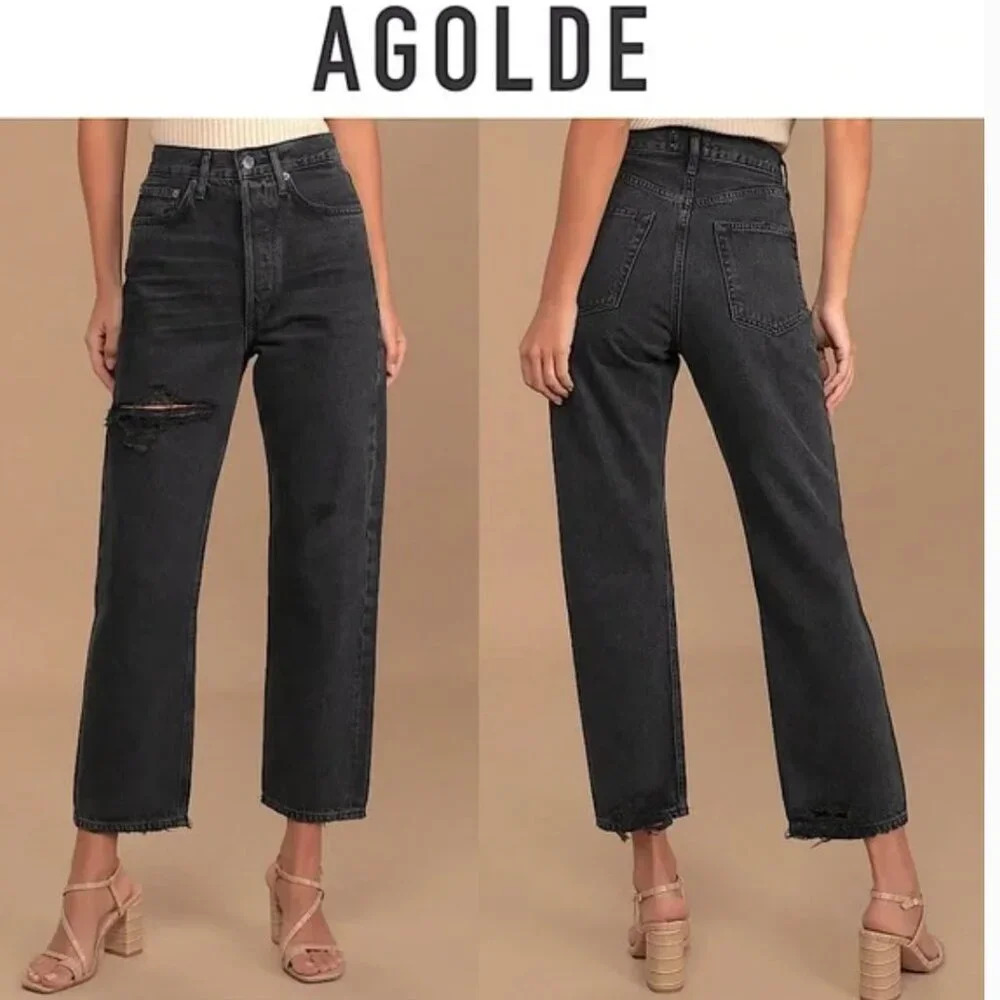 Agolde 90s Crop Washed Black Distressed Ripped Denim Straight Jeans Size 25